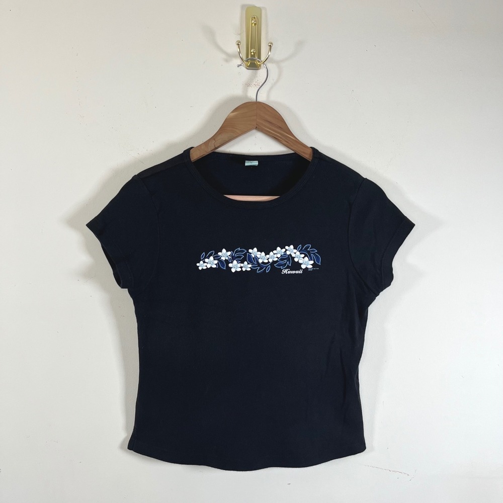 Vintage Y2K Hawaii Baby-tee Black Floral Motif Beach Siren Coconutgirl Surfer Lg